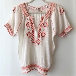 Joie Embroidered Peasant Top, White/Orange, L